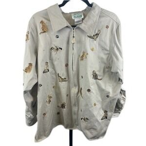 Quacker Factory Blouse Women's Size 1X Cat Embroidered Cats Zip Up Top Shirt